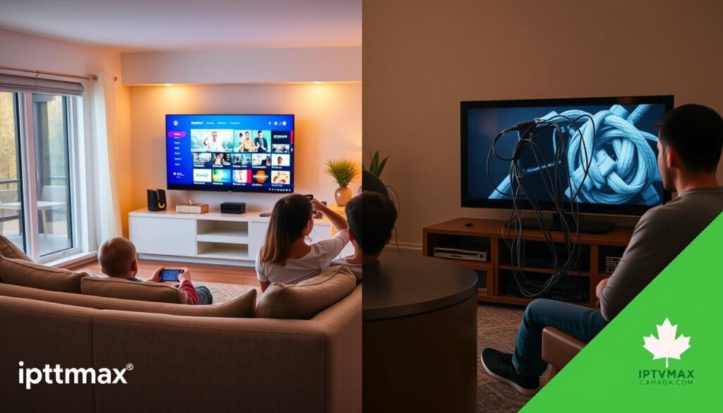 A serene living room in a modern Canadian home, split into two distinct halves. On the left, a family sits comfortably on a stylish couch, enjoying IPTV on a sleek flat-screen TV, showing a vibrant streaming service interface, with various channels visible. Bright, warm lighting creates an inviting atmosphere. On the right, a contrasting scene depicts a traditional cable TV setup, with an older-style television and a mess of tangled cables, illustrating outdated technology. The family members on this side appear frustrated, further emphasizing the contrast. The background shows a cozy home setting with subtle Canadian decor, like a maple leaf motif. The ambiance is engaging yet informative, visually comparing IPTV to traditional cable TV for Canadian viewers. Include a small logo of "iptvmaxcanada.com" in the corner for branding purposes. A serene living room in a modern Canadian home, split into two distinct halves. On the left, a family sits comfortably on a stylish couch, enjoying IPTV on a sleek flat-screen TV, showing a vibrant streaming service interface, with various channels visible. Bright, warm lighting creates an inviting atmosphere. On the right, a contrasting scene depicts a traditional cable TV setup, with an older-style television and a mess of tangled cables, illustrating outdated technology. The family members on this side appear frustrated, further emphasizing the contrast. The background shows a cozy home setting with subtle Canadian decor, like a maple leaf motif. The ambiance is engaging yet informative, visually comparing IPTV to traditional cable TV for Canadian viewers. Include a small logo of "iptvmaxcanada.com" in the corner for branding purposes.
