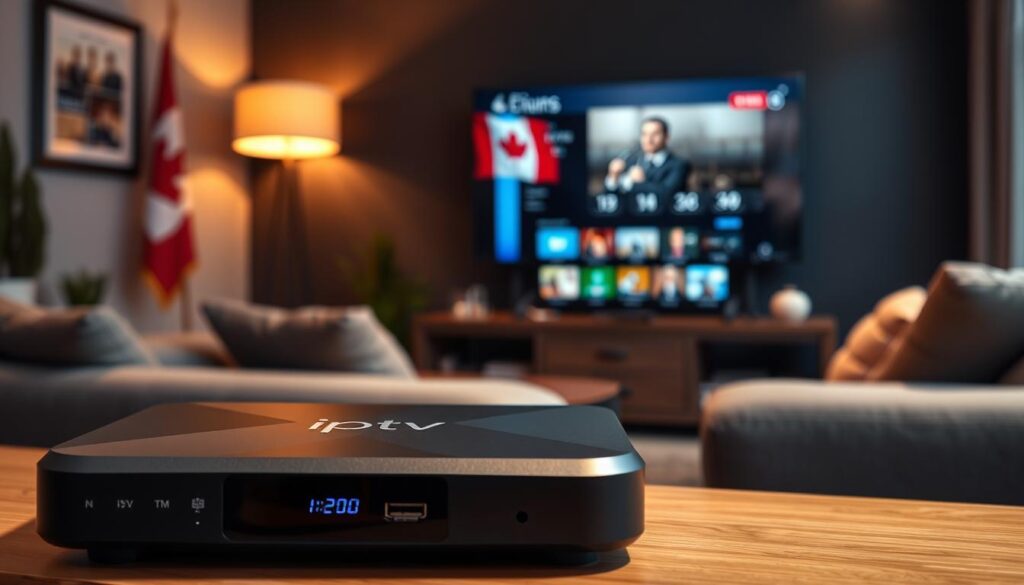 A sleek IPTV box prominently displayed in the foreground, showcasing its modern design with smooth edges, a digital display, and multiple connectivity ports. The IPTV box is branded with "iptvmaxcanada.com" in subtle detailing. In the middle ground, a stylish living room setup is seen, featuring a large flat-screen TV tuned to a streaming interface, comfortable seating, and ambient lighting that creates a warm, welcoming atmosphere. A Canadian flag can be faintly seen in the background, indicating the location. The lighting is soft and inviting, with a focus on the IPTV box, shot from a slightly elevated angle to capture the details of the device and the cozy environment. The mood is relaxed and tech-savvy, perfect for a seamless streaming experience in Canada. A sleek IPTV box prominently displayed in the foreground, showcasing its modern design with smooth edges, a digital display, and multiple connectivity ports. The IPTV box is branded with "iptvmaxcanada.com" in subtle detailing. In the middle ground, a stylish living room setup is seen, featuring a large flat-screen TV tuned to a streaming interface, comfortable seating, and ambient lighting that creates a warm, welcoming atmosphere. A Canadian flag can be faintly seen in the background, indicating the location. The lighting is soft and inviting, with a focus on the IPTV box, shot from a slightly elevated angle to capture the details of the device and the cozy environment. The mood is relaxed and tech-savvy, perfect for a seamless streaming experience in Canada.