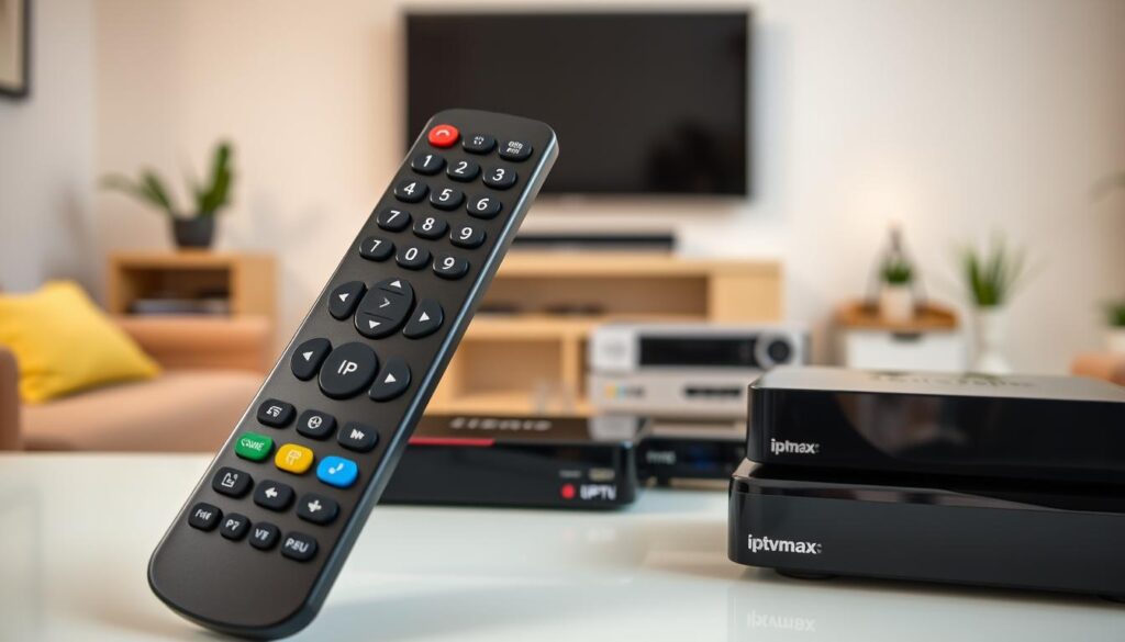 A sleek IPTV remote control prominently displayed in the foreground, featuring an intuitive layout of buttons designed for easy streaming. The remote is styled in modern black with bright, colorful icons representing various streaming services. In the middle ground, a variety of set-top boxes from different popular brands, including sleek designs from "iptvmaxcanada.com", are arranged in a slightly overlapping fashion. The background is a softly blurred home entertainment setup, showcasing a high-definition television and a cozy living room atmosphere with warm lighting. The scene captures a sense of convenience and modern technology, emphasizing compatibility and user-friendly design for seamless streaming control. The lighting is bright but soft, creating an inviting ambiance.