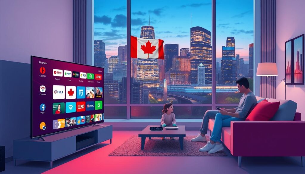 A sleek and informative illustration showcasing the key features of IPTV services in Canada. In the foreground, a stylish TV screen displays a vibrant interface showcasing various channels, with icons symbolizing popular genres like sports, movies, and news. In the middle ground, a modern living room setting features a family enjoying the service, dressed in casual wear, with a remote control in hand, highlighting user-friendliness. In the background, a window shows a Canadian cityscape, symbolizing the local aspect of the service. Soft, ambient lighting enhances a cozy atmosphere. The image conveys innovation and connectivity with a high-quality resolution, capturing the essence of iptvmaxcanada.com services. The overall mood is engaging and inviting, emphasizing accessibility and choice. A sleek and informative illustration showcasing the key features of IPTV services in Canada. In the foreground, a stylish TV screen displays a vibrant interface showcasing various channels, with icons symbolizing popular genres like sports, movies, and news. In the middle ground, a modern living room setting features a family enjoying the service, dressed in casual wear, with a remote control in hand, highlighting user-friendliness. In the background, a window shows a Canadian cityscape, symbolizing the local aspect of the service. Soft, ambient lighting enhances a cozy atmosphere. The image conveys innovation and connectivity with a high-quality resolution, capturing the essence of iptvmaxcanada.com services. The overall mood is engaging and inviting, emphasizing accessibility and choice.