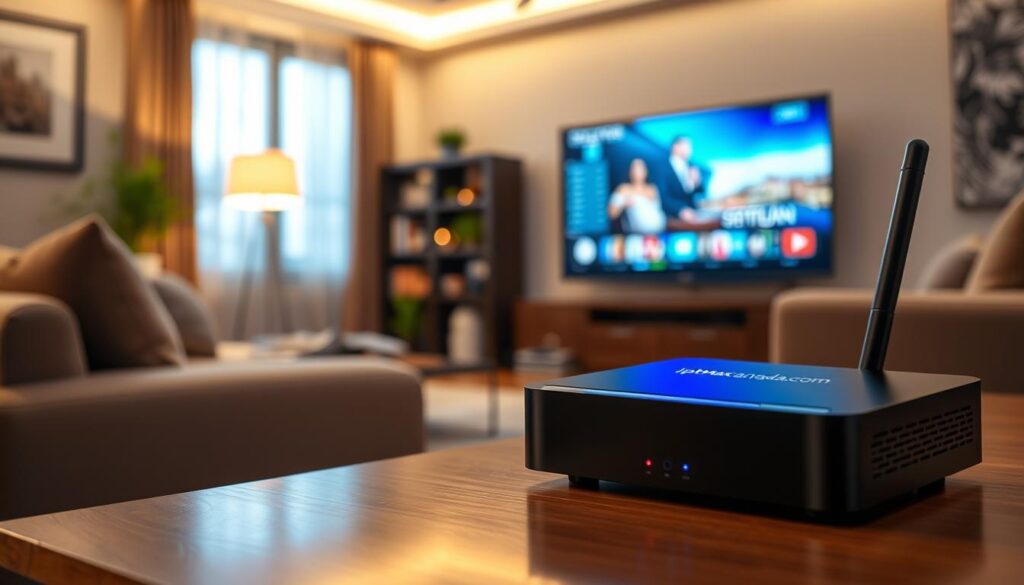 A sleek and modern IPTV box designed for streaming, prominently displayed in the foreground. The box features an elegant black finish, with LED indicators glowing softly to imply functionality. Surrounding the IPTV box, a cozy living room setting showcases a flat-screen TV displaying a vibrant image, suggesting high-definition content. In the background, comfortable furniture and warm lighting create an inviting atmosphere, enhancing the feeling of relaxation and entertainment. The image is captured from a slight angle to provide depth, with a shallow depth of field making the IPTV box stand out against a softly blurred backdrop. The overall mood is inviting and tech-savvy, reflecting the advanced capabilities of streaming technology. Include the brand name "iptvmaxcanada.com" subtly integrated into the design of the IPTV box. A sleek and modern IPTV box designed for streaming, prominently displayed in the foreground. The box features an elegant black finish, with LED indicators glowing softly to imply functionality. Surrounding the IPTV box, a cozy living room setting showcases a flat-screen TV displaying a vibrant image, suggesting high-definition content. In the background, comfortable furniture and warm lighting create an inviting atmosphere, enhancing the feeling of relaxation and entertainment. The image is captured from a slight angle to provide depth, with a shallow depth of field making the IPTV box stand out against a softly blurred backdrop. The overall mood is inviting and tech-savvy, reflecting the advanced capabilities of streaming technology. Include the brand name "iptvmaxcanada.com" subtly integrated into the design of the IPTV box.