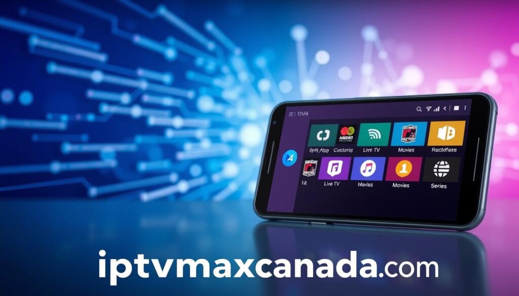 A sleek and modern digital interface showcasing the features of IPTV Smarters Pro APK. In the foreground, display a high-resolution smartphone with the app open, featuring vibrant icons for categories like Live TV, Movies, and Series. The middle section shows an abstract representation of streaming technology, with blurred data streams and network symbols, creating a dynamic feel. In the background, soft gradients of blue and purple evoke a tech-savvy atmosphere, with gentle backlighting emphasizing the device. The overall mood should be engaging and informative, encouraging exploration. Include the brand name "iptvmaxcanada.com" subtly within the design, ensuring it complements the visual without overwhelming the main focus.