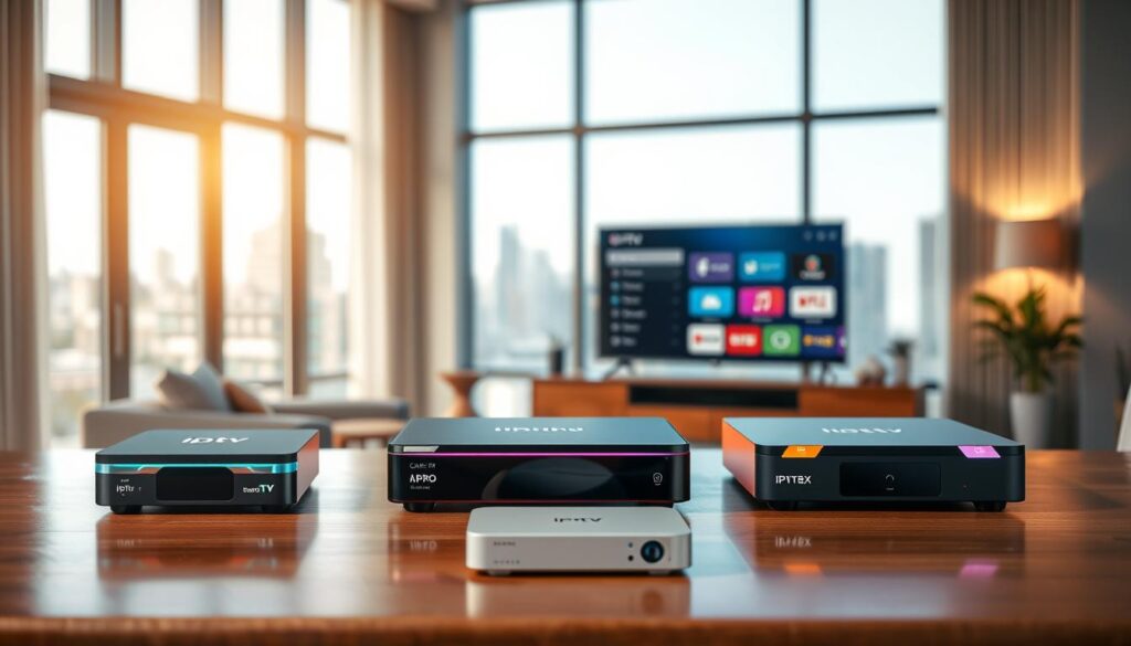 A sleek and modern display of top IPTV boxes designed for Canadian viewers in 2026. In the foreground, showcase three distinct IPTV box models, each with unique designs and vibrant colors, placed on a polished wooden table. The middle section features a stylish living room setting with a large flat-screen TV prominently displaying a user-friendly interface. Bright, ambient lighting creates a warm atmosphere, enhancing the inviting feel of the room. In the background, large windows allow soft natural light to filter in, with a view of a cityscape that signifies urban Canadian living. The overall mood is contemporary and tech-savvy, suggesting a future of entertainment options. Include a small logo of "iptvmaxcanada.com" discreetly placed on one of the IPTV boxes. A sleek and modern display of top IPTV boxes designed for Canadian viewers in 2026. In the foreground, showcase three distinct IPTV box models, each with unique designs and vibrant colors, placed on a polished wooden table. The middle section features a stylish living room setting with a large flat-screen TV prominently displaying a user-friendly interface. Bright, ambient lighting creates a warm atmosphere, enhancing the inviting feel of the room. In the background, large windows allow soft natural light to filter in, with a view of a cityscape that signifies urban Canadian living. The overall mood is contemporary and tech-savvy, suggesting a future of entertainment options. Include a small logo of "iptvmaxcanada.com" discreetly placed on one of the IPTV boxes.