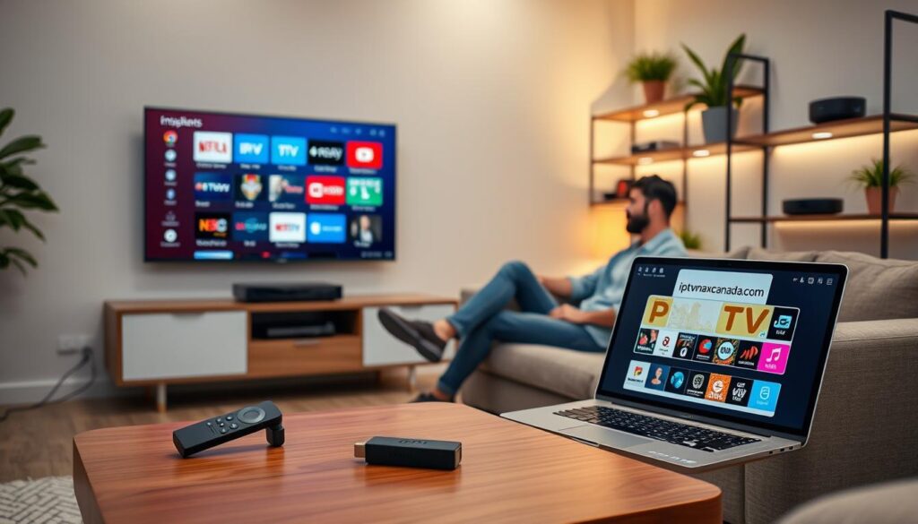 A sleek and modern living room featuring a high-definition TV displaying a colorful interface of popular IPTV player apps for Firestick in 2026. In the foreground, a stylish coffee table holds a Firestick remote and a laptop showcasing the website iptvmaxcanada.com. The middle ground includes a comfortable couch, with a professional person dressed in casual attire sitting and watching the TV, engaged in the viewing experience. The background shows a contemporary shelf with media gadgets and decorative plants, illuminated by soft, warm lighting to create a cozy atmosphere. The scene conveys a sense of convenience and enjoyment, emphasizing the seamless integration of IPTV with Firestick for optimal streaming.