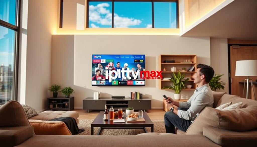 A sleek and modern living room featuring a large flat-screen TV displaying vibrant streaming content, symbolizing IPTV service for Canadian users. In the foreground, a professional, casually dressed individual is sitting on a comfortable sofa, holding a remote control, looking pleased with the streaming experience. In the middle ground, a coffee table is adorned with snacks and drinks, adding a cozy touch. The background features large windows showcasing a clear blue sky, illuminating the room with natural light, creating a relaxed atmosphere. The overall mood is enthusiastic and positive, emphasizing high-quality streaming and the absence of buffering issues. Subtly integrated into the decor is the logo or branding of "iptvmaxcanada.com," enhancing the focus on IPTV service without overcrowding the image.