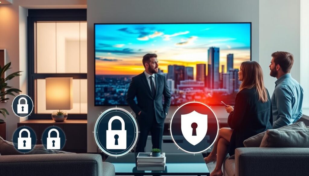 A sleek and modern living room featuring a stylish IPTV setup with a flat-screen TV displaying a colorful interface. In the foreground, a diverse group of individuals—two men and a woman—are engaged in a discussion about privacy and security, dressed in professional business attire. The middle ground includes digital security icons, such as locks and shields, to symbolize safety measures for IPTV users. The background shows a window revealing the skyline of a Canadian city, with a vibrant sunset casting warm light across the room. Use soft, diffused lighting to create a cozy atmosphere, emphasizing a sense of security and comfort. Include subtle references to the brand "iptvmaxcanada.com" in the design elements of the TV's interface. A sleek and modern living room featuring a stylish IPTV setup with a flat-screen TV displaying a colorful interface. In the foreground, a diverse group of individuals—two men and a woman—are engaged in a discussion about privacy and security, dressed in professional business attire. The middle ground includes digital security icons, such as locks and shields, to symbolize safety measures for IPTV users. The background shows a window revealing the skyline of a Canadian city, with a vibrant sunset casting warm light across the room. Use soft, diffused lighting to create a cozy atmosphere, emphasizing a sense of security and comfort. Include subtle references to the brand "iptvmaxcanada.com" in the design elements of the TV's interface.