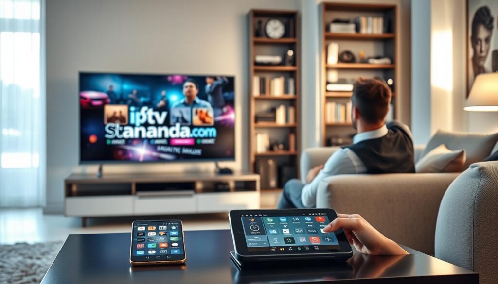 A sleek and modern living room setting, focusing on a high-definition television displaying vibrant IPTV streaming content with the logo "iptvmaxcanada.com" subtly integrated into the screen. In the foreground, a stylish coffee table holds a smartphone and tablet showcasing various IPTV features like guide interfaces and streaming quality indicators. The middle ground includes a cozy sofa with a professional individual, dressed in business attire, attentively watching the screen, immersed in a cinematic experience. Soft natural lighting streams in through a window, casting a warm glow that enhances the inviting atmosphere. In the background, a bookshelf lined with tech gadgets emphasizes the theme of advanced technology and high-quality streaming. The overall mood is one of comfort, modernity, and sophistication. A sleek and modern living room setting, focusing on a high-definition television displaying vibrant IPTV streaming content with the logo "iptvmaxcanada.com" subtly integrated into the screen. In the foreground, a stylish coffee table holds a smartphone and tablet showcasing various IPTV features like guide interfaces and streaming quality indicators. The middle ground includes a cozy sofa with a professional individual, dressed in business attire, attentively watching the screen, immersed in a cinematic experience. Soft natural lighting streams in through a window, casting a warm glow that enhances the inviting atmosphere. In the background, a bookshelf lined with tech gadgets emphasizes the theme of advanced technology and high-quality streaming. The overall mood is one of comfort, modernity, and sophistication.