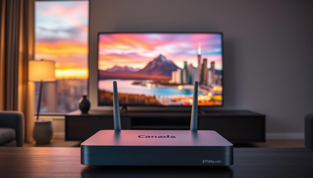 A sleek and modern living room setup featuring a high-quality IPTV box prominently displayed on a stylish entertainment unit. In the foreground, include a silver VPN router with indicator lights glowing, symbolizing secure streaming. The middle section should show a large, vivid flat-screen TV displaying a Canadian landscape as a backdrop for vibrant IPTV streaming content, illuminated by soft, warm lighting to create an inviting atmosphere. In the background, add a window with a view of a city skyline at sunset, imparting a serene ambiance. The overall mood should feel tech-savvy yet comfortable, making the concept of VPNs for IPTV clear and engaging. Include subtle branding elements like the logo of "iptvmaxcanada.com" on the IPTV box. A sleek and modern living room setup featuring a high-quality IPTV box prominently displayed on a stylish entertainment unit. In the foreground, include a silver VPN router with indicator lights glowing, symbolizing secure streaming. The middle section should show a large, vivid flat-screen TV displaying a Canadian landscape as a backdrop for vibrant IPTV streaming content, illuminated by soft, warm lighting to create an inviting atmosphere. In the background, add a window with a view of a city skyline at sunset, imparting a serene ambiance. The overall mood should feel tech-savvy yet comfortable, making the concept of VPNs for IPTV clear and engaging. Include subtle branding elements like the logo of "iptvmaxcanada.com" on the IPTV box.