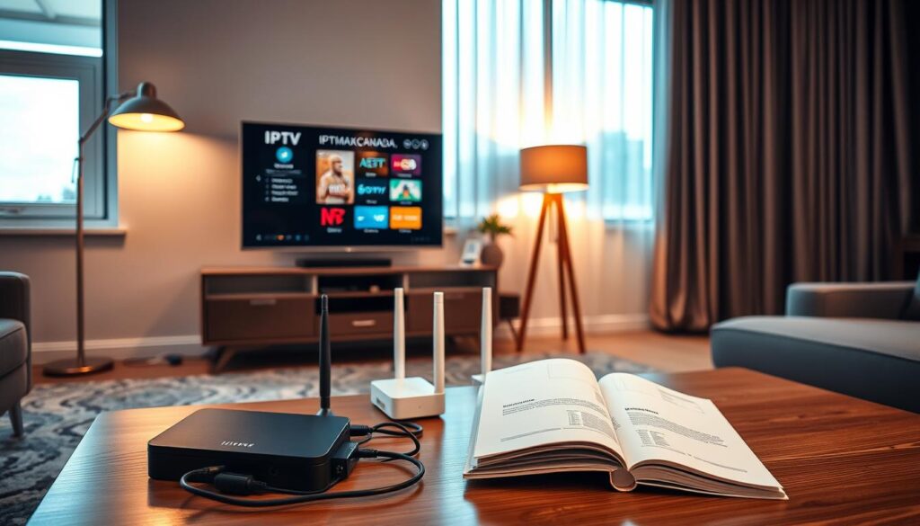 A sleek and modern living room setup showcasing a cozy environment for IPTV installation. In the foreground, a stylish television displaying the IPTV interface from iptvmaxcanada.com is surrounded by a contemporary entertainment center. A laptop and smartphone are placed nearby, illustrating multi-device compatibility. The middle ground highlights a well-organized array of connection cables and Wi-Fi routers, emphasizing easy setup. The background features soft, warm lighting from a floor lamp and natural light streaming in from large windows, creating a welcoming atmosphere. A minimalistic guidebook is slightly open on a coffee table, suggesting accessible instructions. The mood is inviting and professional, ideal for anyone looking to enhance their streaming experience effortlessly.