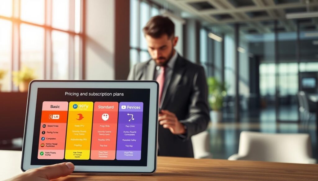 A sleek digital display of “Pricing and Subscription Plans for Mode IPTV” set against a modern office backdrop. In the foreground, a tablet shows an interactive pricing chart with colorful tiers labeled "Basic," "Standard," and "Premium," each illustrated with visually striking icons, such as streaming logos and device compatibility. In the middle, a professional businessperson in a smart outfit analyzes the tablet, exuding focus and interest. The background features a contemporary office environment with large windows, soft daylight filtering in, creating a warm and inviting atmosphere. The scene emphasizes innovation and technology. The brand name "iptvmaxcanada.com" should be subtly integrated into the design of the tablet screen, ensuring it is clear but unobtrusive. A sleek digital display of “Pricing and Subscription Plans for Mode IPTV” set against a modern office backdrop. In the foreground, a tablet shows an interactive pricing chart with colorful tiers labeled "Basic," "Standard," and "Premium," each illustrated with visually striking icons, such as streaming logos and device compatibility. In the middle, a professional businessperson in a smart outfit analyzes the tablet, exuding focus and interest. The background features a contemporary office environment with large windows, soft daylight filtering in, creating a warm and inviting atmosphere. The scene emphasizes innovation and technology. The brand name "iptvmaxcanada.com" should be subtly integrated into the design of the tablet screen, ensuring it is clear but unobtrusive.