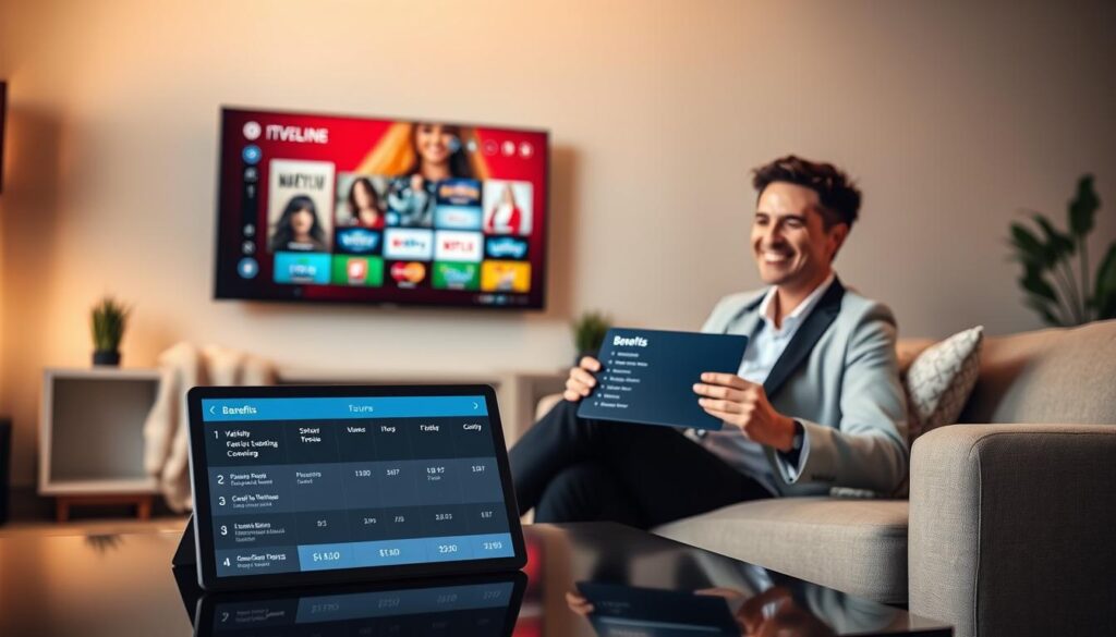 A sleek digital living room scene showcasing the key benefits of using an IPTV trial. In the foreground, a modern flat-screen TV displays a vibrant interface with various streaming options and user-friendly navigation. To the left, a comfortable sofa with a cozy blanket invites viewers to relax. A tablet rests on the coffee table, featuring a comparison chart of features and pricing for different IPTV services. In the middle ground, a cheerful individual in professional attire sits on the sofa, interacting with the tablet, their expression reflecting satisfaction and discovery. The background features warm lighting with soft, inviting colors, suggesting a cozy home environment. Emphasize the benefits such as variety, flexibility, and convenience visually. Incorporate the brand name "iptvmaxcanada.com" subtly on the screen of the tablet, ensuring it complements the overall composition. A sleek digital living room scene showcasing the key benefits of using an IPTV trial. In the foreground, a modern flat-screen TV displays a vibrant interface with various streaming options and user-friendly navigation. To the left, a comfortable sofa with a cozy blanket invites viewers to relax. A tablet rests on the coffee table, featuring a comparison chart of features and pricing for different IPTV services. In the middle ground, a cheerful individual in professional attire sits on the sofa, interacting with the tablet, their expression reflecting satisfaction and discovery. The background features warm lighting with soft, inviting colors, suggesting a cozy home environment. Emphasize the benefits such as variety, flexibility, and convenience visually. Incorporate the brand name "iptvmaxcanada.com" subtly on the screen of the tablet, ensuring it complements the overall composition.
