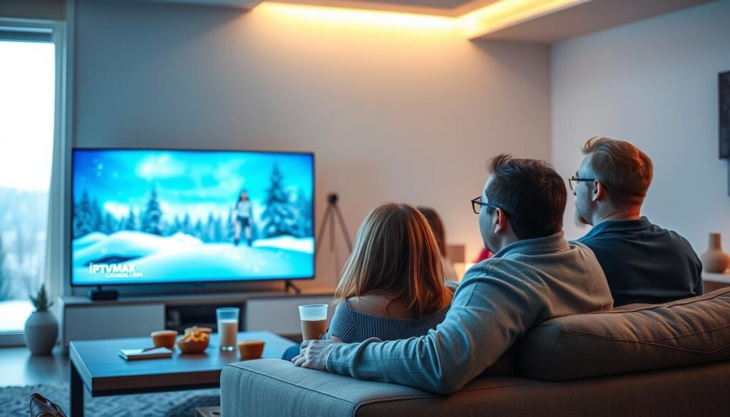 A sleek living room scene featuring a diverse group of Canadian viewers enjoying high-quality streaming on a large flat-screen TV. In the foreground, a couple in modest casual clothing sits on a plush couch, their faces illuminated by the soft glow from the screen, displaying vibrant colors from a popular show. In the middle ground, a coffee table with snacks and drinks adds a cozy touch. The background showcases a window with a scenic view of the Canadian landscape, hinting at winter with gentle snowflakes falling outside. The lighting is warm and inviting, creating a relaxed atmosphere, symbolizing reliability and enjoyment in streaming experiences, with subtle branding of "iptvmaxcanada.com" integrated into the TV display. The overall mood radiates satisfaction and connection among viewers.