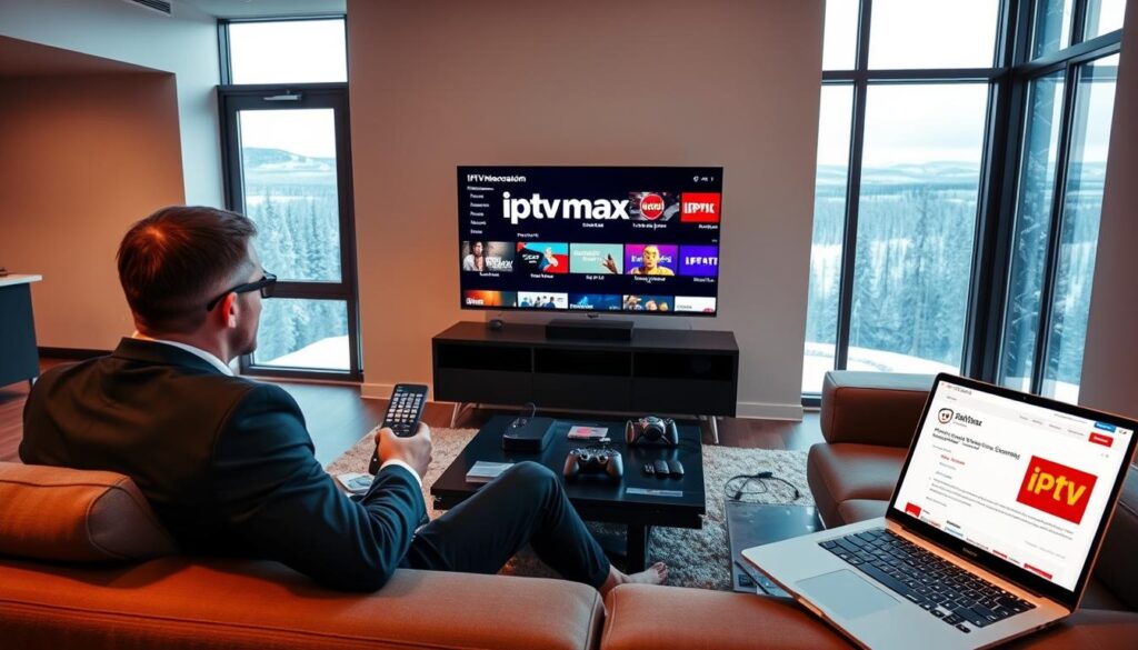 A sleek living room setting in Canada featuring a modern television displaying an IPTV interface, showcasing various streaming options. In the foreground, a person in professional business attire is seated on a contemporary couch, holding a remote control, attentively navigating the IPTV menu. The middle layer includes a stylish coffee table adorned with tech gadgets and a laptop open to a Reddit page discussing IPTV. In the background, large windows reveal a scenic view of a typical Canadian landscape, possibly featuring a snowy or wooded area. The lighting is warm and inviting, with soft shadows to create an atmosphere of comfort and technology integration. Prominently displayed is the logo of "iptvmaxcanada.com" on the screen, indicating its relevance to the topic. A sleek living room setting in Canada featuring a modern television displaying an IPTV interface, showcasing various streaming options. In the foreground, a person in professional business attire is seated on a contemporary couch, holding a remote control, attentively navigating the IPTV menu. The middle layer includes a stylish coffee table adorned with tech gadgets and a laptop open to a Reddit page discussing IPTV. In the background, large windows reveal a scenic view of a typical Canadian landscape, possibly featuring a snowy or wooded area. The lighting is warm and inviting, with soft shadows to create an atmosphere of comfort and technology integration. Prominently displayed is the logo of "iptvmaxcanada.com" on the screen, indicating its relevance to the topic.