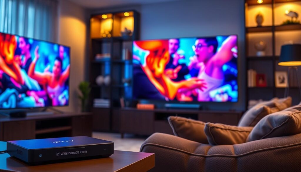 A sleek living room setting showcasing a vibrant IPTV streaming experience. In the foreground, a sophisticated flat-screen television displays high-definition content with vivid colors and sharp details, illustrating Extreme IPTV quality. A modern streaming device sits next to the TV, labeled "iptvmaxcanada.com". The middle ground features a cozy couch adorned with plush cushions, inviting relaxation. Soft, ambient lighting creates a warm atmosphere, enhancing the overall viewing experience. In the background, a stylish bookshelf filled with media and decorative items adds a touch of elegance. The scene captures a sense of reliability and performance, emphasizing a premium streaming service environment, with a focus on seamless entertainment. The angle should be slightly elevated to give a comprehensive view of the entire room. A sleek living room setting showcasing a vibrant IPTV streaming experience. In the foreground, a sophisticated flat-screen television displays high-definition content with vivid colors and sharp details, illustrating Extreme IPTV quality. A modern streaming device sits next to the TV, labeled "iptvmaxcanada.com". The middle ground features a cozy couch adorned with plush cushions, inviting relaxation. Soft, ambient lighting creates a warm atmosphere, enhancing the overall viewing experience. In the background, a stylish bookshelf filled with media and decorative items adds a touch of elegance. The scene captures a sense of reliability and performance, emphasizing a premium streaming service environment, with a focus on seamless entertainment. The angle should be slightly elevated to give a comprehensive view of the entire room.