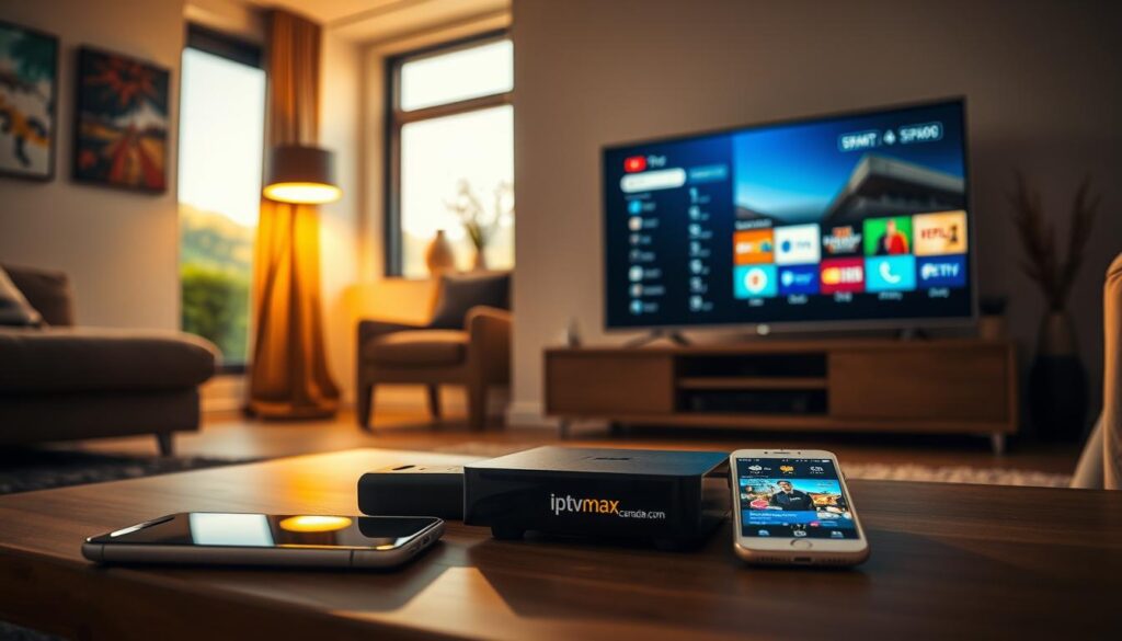 A sleek living room showcasing various devices compatible with IPTV. In the foreground, a modern smart TV displays a vibrant IPTV interface, while a tablet and smartphone lie beside it, all connected to a compact IPTV device branded with "iptvmaxcanada.com". In the middle, light from a stylish floor lamp casts a warm glow, illuminating the cozy, contemporary décor with minimalistic furniture and vibrant artwork on the walls. In the background, a window reveals a view of a sunny Canadian landscape, enhancing the inviting atmosphere. The mood is relaxed and tech-savvy, captured with soft focus around the edges to draw attention to the devices. The lighting is balanced, simulating afternoon sunlight, highlighting the versatility and convenience of enjoying IPTV on any screen. A sleek living room showcasing various devices compatible with IPTV. In the foreground, a modern smart TV displays a vibrant IPTV interface, while a tablet and smartphone lie beside it, all connected to a compact IPTV device branded with "iptvmaxcanada.com". In the middle, light from a stylish floor lamp casts a warm glow, illuminating the cozy, contemporary décor with minimalistic furniture and vibrant artwork on the walls. In the background, a window reveals a view of a sunny Canadian landscape, enhancing the inviting atmosphere. The mood is relaxed and tech-savvy, captured with soft focus around the edges to draw attention to the devices. The lighting is balanced, simulating afternoon sunlight, highlighting the versatility and convenience of enjoying IPTV on any screen.