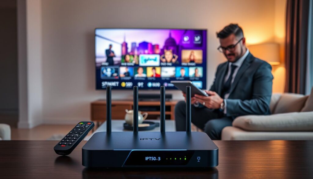 A sleek, modern IPTV A Box set against a minimalist home entertainment setup, featuring a large high-definition TV displaying vibrant streaming content. In the foreground, the IPTV A Box is elegantly lit with soft ambient lighting, highlighting its sleek design. The middle ground includes a stylish remote control and a wireless router with blinking signal lights, symbolizing connectivity. In the background, a well-furnished living room with soft, warm lighting creates a cozy atmosphere, emphasizing relaxation and enjoyment. The scene reflects a professional, tech-savvy environment, depicting a confident individual in smart casual attire adjusting settings on a tablet, ensuring optimal streaming quality. The overall mood conveys sophistication and seamless connectivity. Incorporate the brand name "iptvmaxcanada.com" subtly in the background, enhancing the focus on high streaming quality. A sleek, modern IPTV A Box set against a minimalist home entertainment setup, featuring a large high-definition TV displaying vibrant streaming content. In the foreground, the IPTV A Box is elegantly lit with soft ambient lighting, highlighting its sleek design. The middle ground includes a stylish remote control and a wireless router with blinking signal lights, symbolizing connectivity. In the background, a well-furnished living room with soft, warm lighting creates a cozy atmosphere, emphasizing relaxation and enjoyment. The scene reflects a professional, tech-savvy environment, depicting a confident individual in smart casual attire adjusting settings on a tablet, ensuring optimal streaming quality. The overall mood conveys sophistication and seamless connectivity. Incorporate the brand name "iptvmaxcanada.com" subtly in the background, enhancing the focus on high streaming quality.