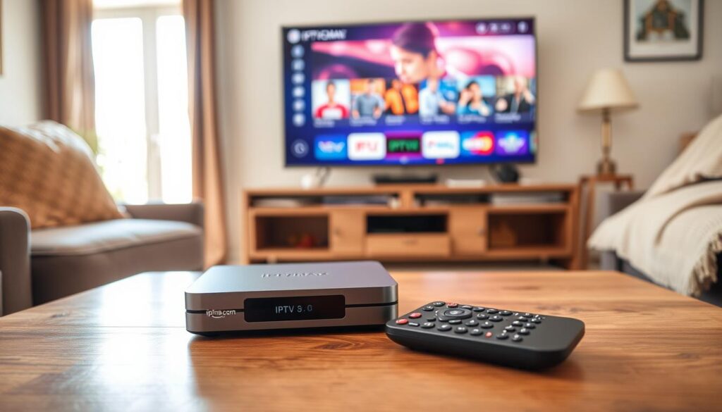 A sleek, modern IPTV box prominently displayed in a cozy, well-lit living room setting. The box should have a minimalist design, featuring clean lines and subtle branding of "iptvmaxcanada.com." In the foreground, a stylish remote control lies next to the box on a wooden coffee table, suggesting ease of use. The middle ground features a large flat-screen TV displaying vibrant streaming content, with cushions and a soft throw blanket in the background, creating a welcoming atmosphere. Natural light filters in through a nearby window, adding warmth to the scene. The angle focuses on the box and remote, evoking a sense of comfort, technology acceptance, and leisure. The overall mood is inviting and tech-savvy, emphasizing the user's intent for seamless streaming experiences. A sleek, modern IPTV box prominently displayed in a cozy, well-lit living room setting. The box should have a minimalist design, featuring clean lines and subtle branding of "iptvmaxcanada.com." In the foreground, a stylish remote control lies next to the box on a wooden coffee table, suggesting ease of use. The middle ground features a large flat-screen TV displaying vibrant streaming content, with cushions and a soft throw blanket in the background, creating a welcoming atmosphere. Natural light filters in through a nearby window, adding warmth to the scene. The angle focuses on the box and remote, evoking a sense of comfort, technology acceptance, and leisure. The overall mood is inviting and tech-savvy, emphasizing the user's intent for seamless streaming experiences.