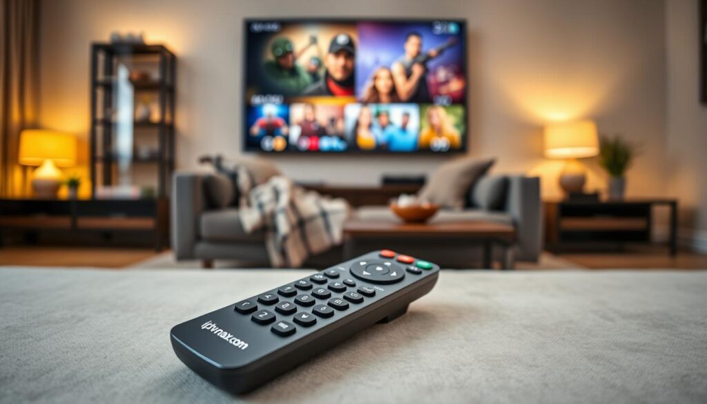 A sleek, modern IPTV remote control lies in the foreground of a stylish living room setting. The remote is designed with a variety of buttons clearly labeled, emphasizing its user-friendly interface. The middle ground features a cozy couch with a soft throw blanket draped over it, and a large flat-screen TV mounted on the wall displaying vibrant streaming content. In the background, soft ambient lighting bathes the room in a warm glow, enhancing a relaxed, inviting atmosphere. The scene should be shot from a slightly elevated angle, giving a comprehensive view of the remote and its surroundings. The overall mood evokes convenience and control in an effortless streaming experience, subtly incorporating the brand logo “iptvmaxcanada.com” on the remote for brand identity.