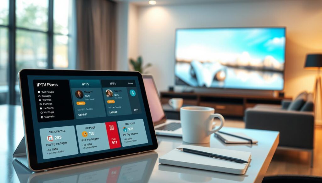 A sleek, modern digital display showcasing IPTV plans and pricing options. In the foreground, a highly detailed tablet or smartphone screen highlights various IPTV packages with eye-catching icons and pricing details, emphasizing clarity and professionalism. The middle layer features a stylish desk setup with a laptop, notebook, and coffee mug, lending an inviting office atmosphere. In the background, a softly blurred modern living room scene with a large TV showing IPTV content creates an engaging context. Use bright, warm lighting to evoke a welcoming mood, with a focus on clarity and organization. The colors should be vibrant, yet professional, reinforcing the brand ambiance of "iptvmaxcanada.com". A sleek, modern digital display showcasing IPTV plans and pricing options. In the foreground, a highly detailed tablet or smartphone screen highlights various IPTV packages with eye-catching icons and pricing details, emphasizing clarity and professionalism. The middle layer features a stylish desk setup with a laptop, notebook, and coffee mug, lending an inviting office atmosphere. In the background, a softly blurred modern living room scene with a large TV showing IPTV content creates an engaging context. Use bright, warm lighting to evoke a welcoming mood, with a focus on clarity and organization. The colors should be vibrant, yet professional, reinforcing the brand ambiance of "iptvmaxcanada.com".