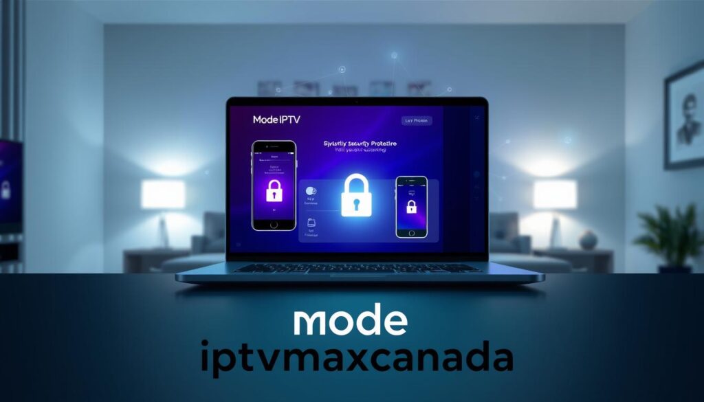 A sleek, modern digital illustration highlighting the security features and privacy protection offered by Mode IPTV. In the foreground, a stylish laptop displays a vivid interface of the Mode IPTV application, showcasing padlock icons and firewall graphics that symbolize security. The middle layer features a connected smartphone and tablet with glowing screens, emphasizing multi-device compatibility. In the background, a tranquil home environment with soft ambient lighting creates a sense of safety and comfort, enhanced by abstract digital patterns symbolizing encrypted connections. The mood is professional yet inviting, encapsulating the essence of trustworthy streaming. Include the brand "iptvmaxcanada.com" subtly integrated into the design, maintaining a clean and polished look without any text overlays or distractions. A sleek, modern digital illustration highlighting the security features and privacy protection offered by Mode IPTV. In the foreground, a stylish laptop displays a vivid interface of the Mode IPTV application, showcasing padlock icons and firewall graphics that symbolize security. The middle layer features a connected smartphone and tablet with glowing screens, emphasizing multi-device compatibility. In the background, a tranquil home environment with soft ambient lighting creates a sense of safety and comfort, enhanced by abstract digital patterns symbolizing encrypted connections. The mood is professional yet inviting, encapsulating the essence of trustworthy streaming. Include the brand "iptvmaxcanada.com" subtly integrated into the design, maintaining a clean and polished look without any text overlays or distractions.