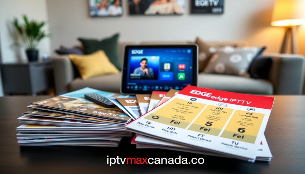 A sleek, modern flat-lay image showcasing various Edge IPTV Subscription Plans and Pricing. In the foreground, a neatly arranged stack of colorful brochures and pamphlets highlights the different subscription options, with clear icons representing features like HD streaming and multiple device access. The middle ground features a stylish tablet displaying the Edge IPTV interface, exuding a user-friendly vibe. In the background, a cozy living room scene with a comfortable couch and ambient lighting adds warmth, suggesting a perfect streaming environment. The overall atmosphere is inviting and professional, aimed at portraying affordability and reliability in entertainment options. This visual should subtly include the brand name "iptvmaxcanada.com" woven into the design, maintaining a focus on clarity and accessibility for viewers. A sleek, modern flat-lay image showcasing various Edge IPTV Subscription Plans and Pricing. In the foreground, a neatly arranged stack of colorful brochures and pamphlets highlights the different subscription options, with clear icons representing features like HD streaming and multiple device access. The middle ground features a stylish tablet displaying the Edge IPTV interface, exuding a user-friendly vibe. In the background, a cozy living room scene with a comfortable couch and ambient lighting adds warmth, suggesting a perfect streaming environment. The overall atmosphere is inviting and professional, aimed at portraying affordability and reliability in entertainment options. This visual should subtly include the brand name "iptvmaxcanada.com" woven into the design, maintaining a focus on clarity and accessibility for viewers.
