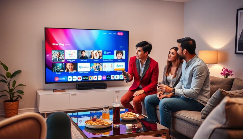A sleek, modern home entertainment setup showcasing a large flat-screen television displaying vibrant streaming content from a trusted IPTV provider, "iptvmaxcanada.com." In the foreground, a diverse group of three individuals, dressed in smart casual attire, are engaged and interacting with a remote control, discussing their favorite shows. The middle ground features a stylish coffee table adorned with snacks and drinks, emphasizing a cozy streaming experience. The background highlights a warm, inviting living room with soft lighting, comfortable seating, and subtle Canadian decor elements, such as a small maple leaf plant. The atmosphere is relaxed and friendly, conveying the significance of quality streaming and the importance of choosing a reliable IPTV service.