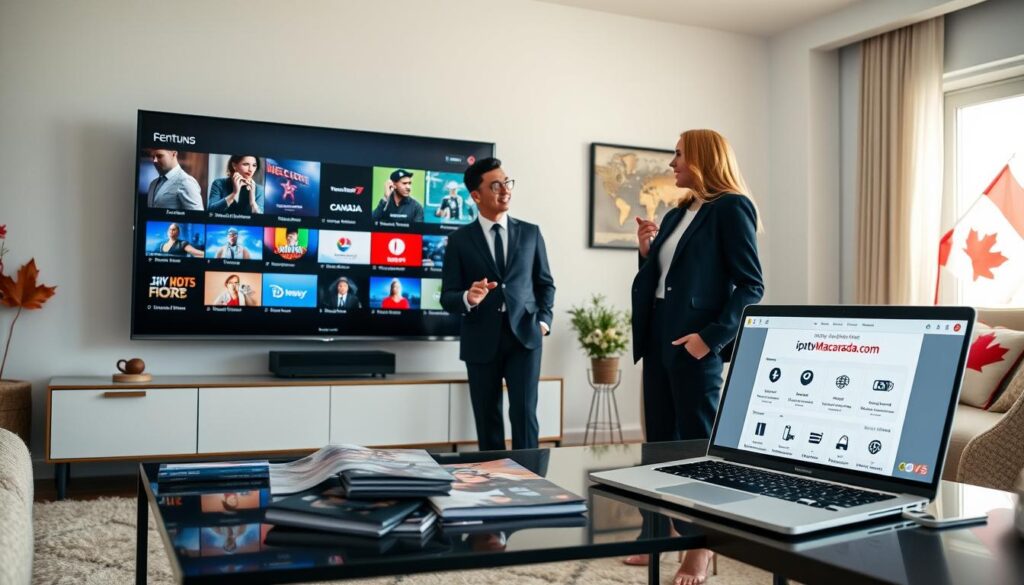 A sleek, modern home office setting showcasing a high-definition television displaying vibrant channels offered by legal IPTV services in Canada. In the foreground, a male and female professional, dressed in business attire, are discussing IPTV options with enthusiasm. The middle ground features a stylish coffee table with brochures and a laptop open to the website "iptvmaxcanada.com," displaying streaming service options. The background reveals a cozy living room with Canadian-themed décor, such as maple leaves and a subtle flag, enhancing a welcoming atmosphere. Soft, natural lighting streams in from a large window, creating a warm and inviting mood. The overall composition is professional yet approachable, illustrating the reliability and safety of selecting legal IPTV services in Canada without any text or distractions. A sleek, modern home office setting showcasing a high-definition television displaying vibrant channels offered by legal IPTV services in Canada. In the foreground, a male and female professional, dressed in business attire, are discussing IPTV options with enthusiasm. The middle ground features a stylish coffee table with brochures and a laptop open to the website "iptvmaxcanada.com," displaying streaming service options. The background reveals a cozy living room with Canadian-themed décor, such as maple leaves and a subtle flag, enhancing a welcoming atmosphere. Soft, natural lighting streams in from a large window, creating a warm and inviting mood. The overall composition is professional yet approachable, illustrating the reliability and safety of selecting legal IPTV services in Canada without any text or distractions.