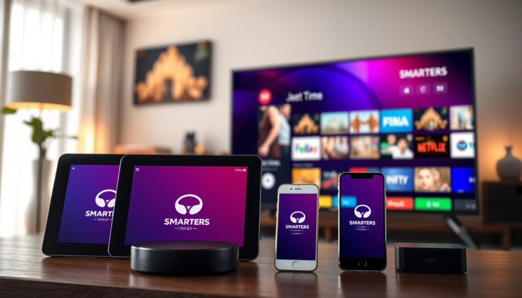 A sleek, modern layout featuring various devices compatible with IPTV Smarters Pro APK, such as smart TVs, tablets, smartphones, and streaming devices. In the foreground, focus on a smart TV displaying the IPTV Smarters interface, showcasing a vibrant selection of streaming content. The middle layer features a tablet and smartphone, all displaying the app's logo and interface elements. In the background, include a subtle representation of a cozy living room setting with ambient lighting, creating a welcoming atmosphere. Use soft, dynamic lighting to highlight the devices, with a slight depth of field to emphasize the foreground. The mood is professional and inviting, perfect for showcasing innovative streaming technology from iptvmaxcanada.com.