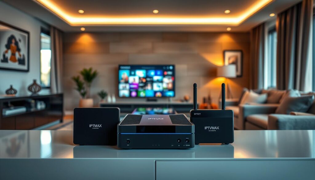A sleek, modern living room featuring a variety of noteworthy IPTV boxes prominently displayed on a stylish entertainment unit. In the foreground, showcase three distinct IPTV boxes, each with unique designs and sizes, branded with "iptvmaxcanada.com" in subtle detail. The middle ground should include a flat-screen television displaying vibrant streaming content, with soft ambient lighting highlighting the devices. In the background, a cozy couch and decorative elements create a warm atmosphere, evoking a sense of comfort and relaxation. Use natural lighting from a nearby window to enhance the inviting mood. Capture this scene from a slightly elevated angle to emphasize the IPTV boxes and their role in enhancing the streaming experience. A sleek, modern living room featuring a variety of noteworthy IPTV boxes prominently displayed on a stylish entertainment unit. In the foreground, showcase three distinct IPTV boxes, each with unique designs and sizes, branded with "iptvmaxcanada.com" in subtle detail. The middle ground should include a flat-screen television displaying vibrant streaming content, with soft ambient lighting highlighting the devices. In the background, a cozy couch and decorative elements create a warm atmosphere, evoking a sense of comfort and relaxation. Use natural lighting from a nearby window to enhance the inviting mood. Capture this scene from a slightly elevated angle to emphasize the IPTV boxes and their role in enhancing the streaming experience.