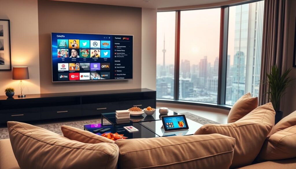 A sleek, modern living room featuring an elegant entertainment setup with a large flat-screen TV displaying colorful streaming content from "iptvmaxcanada.com." In the foreground, a comfortable couch adorned with plush cushions invites viewers to relax. The middle layer includes a stylish coffee table with remote controls, snacks, and a tablet displaying IPTV options. The background showcases a window with a skyline view of Toronto, bathed in warm, soft lighting that creates a cozy atmosphere. The room is decorated in contemporary style, with neutral colors and modern art on the walls. The scene conveys a sense of convenience and enjoyment, reflecting the benefits of IPTV streaming for Toronto viewers. The lighting is bright yet inviting, enhancing the overall mood of comfort and modern entertainment. A sleek, modern living room featuring an elegant entertainment setup with a large flat-screen TV displaying colorful streaming content from "iptvmaxcanada.com." In the foreground, a comfortable couch adorned with plush cushions invites viewers to relax. The middle layer includes a stylish coffee table with remote controls, snacks, and a tablet displaying IPTV options. The background showcases a window with a skyline view of Toronto, bathed in warm, soft lighting that creates a cozy atmosphere. The room is decorated in contemporary style, with neutral colors and modern art on the walls. The scene conveys a sense of convenience and enjoyment, reflecting the benefits of IPTV streaming for Toronto viewers. The lighting is bright yet inviting, enhancing the overall mood of comfort and modern entertainment.