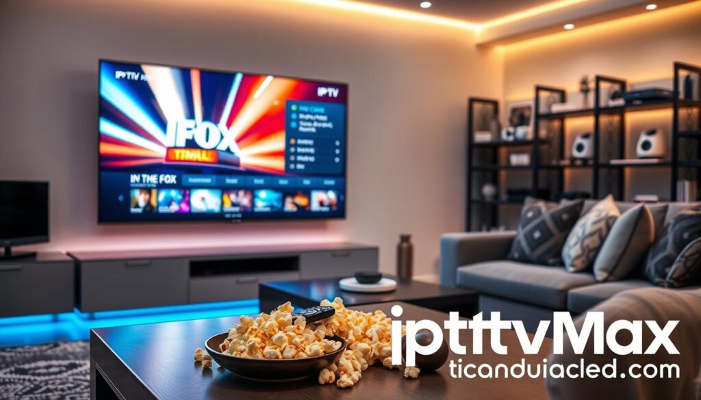 A sleek, modern living room set up for premium entertainment, featuring a large flat-screen TV displaying vibrant visuals from "IPTV The Fox" menus. In the foreground, a stylish coffee table brimming with a remote control and popcorn, inviting viewers to enjoy a movie night. In the middle, a plush sofa with decorative cushions, creating a comfortable, cozy atmosphere. Soft ambient lighting casts a warm glow, enhancing the inviting feel. In the background, a stylish bookshelf with tech gadgets and decor, emphasizing a modern lifestyle. The scene conveys an engaging, family-friendly atmosphere, appealing to Canadian audiences. The logo "iptvmaxcanada.com" subtly integrated into the scene, enhancing brand recognition without overpowering the image.