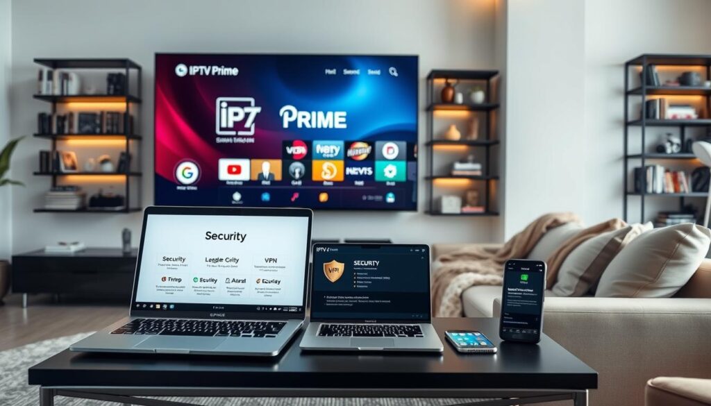 A sleek, modern living room setting featuring a large flat-screen TV displaying the IPTV Prime interface, highlighting security and privacy features. In the foreground, a stylish coffee table with a laptop showcasing a VPN application interface and a smartphone with security notifications. In the middle, a comfortable sofa with a cozy blanket, suggesting relaxation while streaming. The background shows soft-lit shelves filled with books and decor, creating a warm atmosphere. The lighting is soft and inviting, with a focus on the technology elements. The overall mood is reassuring and safe for streaming, underscoring the importance of security and privacy in entertainment. Include the brand name "iptvmaxcanada.com" subtly integrated into the scene. A sleek, modern living room setting featuring a large flat-screen TV displaying the IPTV Prime interface, highlighting security and privacy features. In the foreground, a stylish coffee table with a laptop showcasing a VPN application interface and a smartphone with security notifications. In the middle, a comfortable sofa with a cozy blanket, suggesting relaxation while streaming. The background shows soft-lit shelves filled with books and decor, creating a warm atmosphere. The lighting is soft and inviting, with a focus on the technology elements. The overall mood is reassuring and safe for streaming, underscoring the importance of security and privacy in entertainment. Include the brand name "iptvmaxcanada.com" subtly integrated into the scene.
