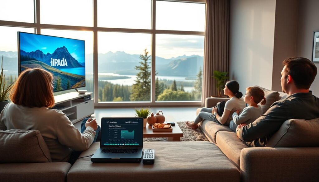 A sleek, modern living room setting in Canada, showcasing a family comfortably watching IPTV on a large, high-definition screen. In the foreground, a diverse family of four—two adults in smart casual attire and two children—gazes at the TV, displaying vibrant streaming content. The middle section features a cozy coffee table with snacks, a stylish remote control, and a laptop showing connection metrics for IPTV services. In the background, large windows reveal a scenic Canadian landscape, with subtle hints of technology such as a router and cables neatly arranged. Soft, natural lighting filters through the room, creating a warm and inviting atmosphere. The mood is relaxed and family-oriented, illustrating the impact of Canadian ISPs on IPTV streaming quality, with a clear focus on the brand "iptvmaxcanada.com."