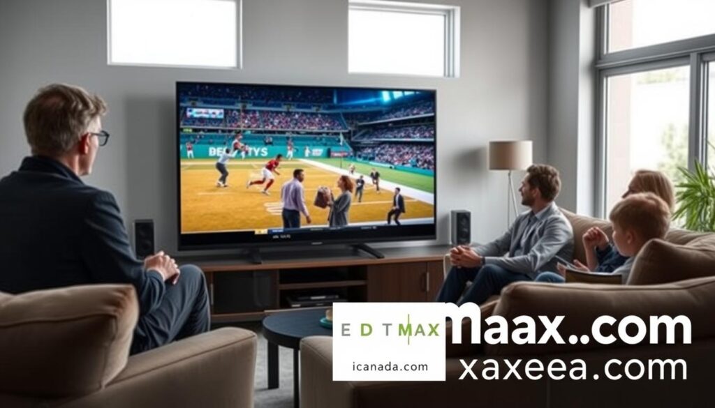 A sleek, modern living room setting showcases a family engrossed in high-definition Edge IPTV streaming. In the foreground, a large, flat-screen TV displays vibrant, crystal-clear imagery of a sporting event, highlighting the quality of the stream. The middle ground features a cozy sofa with professional individuals, dressed in casual business attire, animatedly discussing the content and enjoying uninterrupted viewing. The background reveals a window with soft, natural lighting streaming in, creating an inviting atmosphere. Subtle tech elements, like a smart speaker and optimized router, can be seen, emphasizing the stability of the streaming service. The overall mood is one of comfort, reliability, and enjoyment, as the scene conveys quality and stability in IPTV streaming. Include the brand logo for "iptvmaxcanada.com" subtly integrated into the decor. A sleek, modern living room setting showcases a family engrossed in high-definition Edge IPTV streaming. In the foreground, a large, flat-screen TV displays vibrant, crystal-clear imagery of a sporting event, highlighting the quality of the stream. The middle ground features a cozy sofa with professional individuals, dressed in casual business attire, animatedly discussing the content and enjoying uninterrupted viewing. The background reveals a window with soft, natural lighting streaming in, creating an inviting atmosphere. Subtle tech elements, like a smart speaker and optimized router, can be seen, emphasizing the stability of the streaming service. The overall mood is one of comfort, reliability, and enjoyment, as the scene conveys quality and stability in IPTV streaming. Include the brand logo for "iptvmaxcanada.com" subtly integrated into the decor.