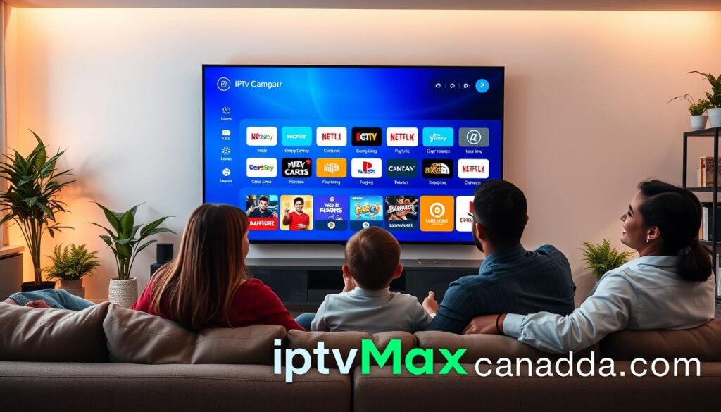 A sleek, modern living room setting showcasing a family enjoying IPTV streaming on a large, high-definition screen displaying a vibrant variety of TV channels. In the foreground, the family is dressed in comfortable yet professional attire, sitting on a stylish sofa, engaged and smiling as they navigate through the options. In the middle ground, various colorful channel icons are artistically represented on the screen, indicating the diverse selection available with quality streaming features. The background features soft ambient lighting that creates a warm and inviting atmosphere, with contemporary decor including plants and bookshelves. The image captures the essence of family entertainment with a focus on connectivity and quality. Include a subtle logo of "iptvmaxcanada.com" integrated into the design, adding an element of brand identity to the composition. A sleek, modern living room setting showcasing a family enjoying IPTV streaming on a large, high-definition screen displaying a vibrant variety of TV channels. In the foreground, the family is dressed in comfortable yet professional attire, sitting on a stylish sofa, engaged and smiling as they navigate through the options. In the middle ground, various colorful channel icons are artistically represented on the screen, indicating the diverse selection available with quality streaming features. The background features soft ambient lighting that creates a warm and inviting atmosphere, with contemporary decor including plants and bookshelves. The image captures the essence of family entertainment with a focus on connectivity and quality. Include a subtle logo of "iptvmaxcanada.com" integrated into the design, adding an element of brand identity to the composition.