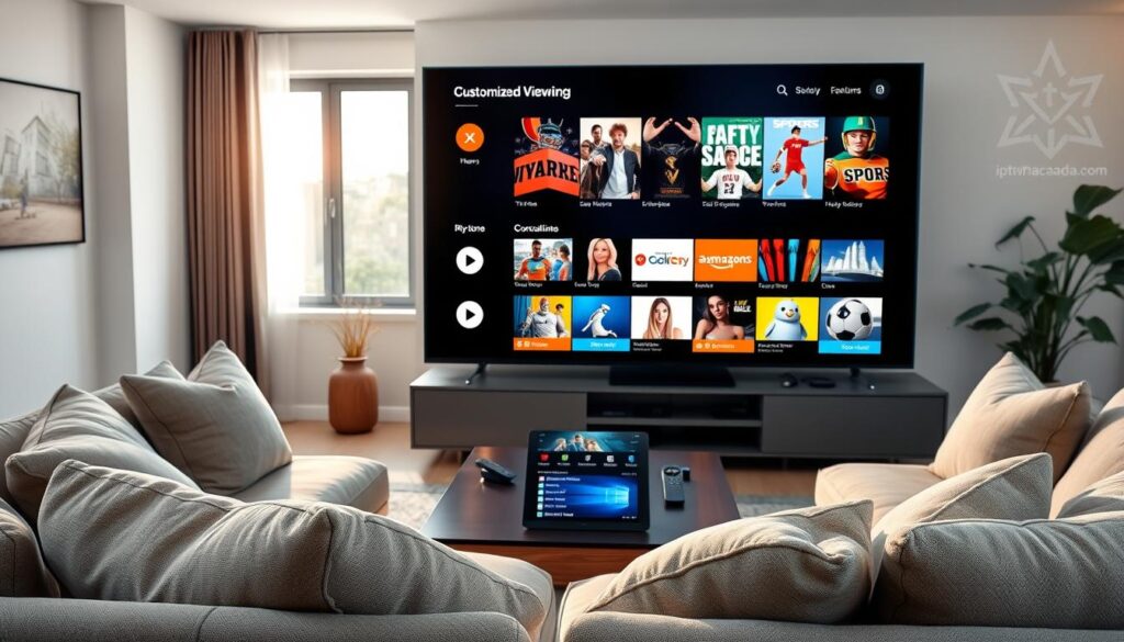 A sleek, modern living room setting showcasing a high-definition smart TV with an intuitive user interface, emphasizing "Customized Viewing with Smart Features." In the foreground, a cozy sofa with plush cushions invites the viewer, with a stylish coffee table holding a remote and a tablet displaying streaming options. The middle ground features the smart TV displaying vivid content like sports, movies, and shows, all organized neatly. The background reveals a window with soft natural light illuminating the room, creating a warm, inviting atmosphere. Use a wide-angle lens to capture the space, emphasizing the integration of technology in everyday life. The mood is relaxed and tech-savvy, reflecting innovative streaming solutions. Incorporate the brand name "iptvmaxcanada.com" subtly in the decor without text overlays. A sleek, modern living room setting showcasing a high-definition smart TV with an intuitive user interface, emphasizing "Customized Viewing with Smart Features." In the foreground, a cozy sofa with plush cushions invites the viewer, with a stylish coffee table holding a remote and a tablet displaying streaming options. The middle ground features the smart TV displaying vivid content like sports, movies, and shows, all organized neatly. The background reveals a window with soft natural light illuminating the room, creating a warm, inviting atmosphere. Use a wide-angle lens to capture the space, emphasizing the integration of technology in everyday life. The mood is relaxed and tech-savvy, reflecting innovative streaming solutions. Incorporate the brand name "iptvmaxcanada.com" subtly in the decor without text overlays.