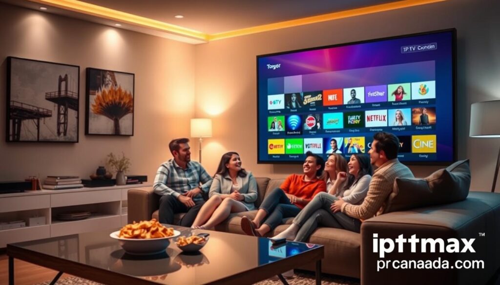 A sleek modern living room setting, showcasing a large flat-screen television displaying a vibrant array of colorful streaming options, representing the diverse content available through Canadian IPTV. In the foreground, a stylish coffee table with snacks and a sleek remote control. In the middle, a family of diverse individuals, dressed in casual but professional attire, sitting on a comfortable sofa, engaged and excited as they browse channels, laughter and joy lighting up their faces. The background features warm, inviting lighting with soft, ambient light reflecting off modern decor, conveying a cozy atmosphere. Subtle hints of Canadian culture, such as an abstract painting or decorative elements, can be seen on the walls. The image highlights the brand iptvmaxcanada.com subtly in the corner without text, enhancing the theme of unmatched content variety.