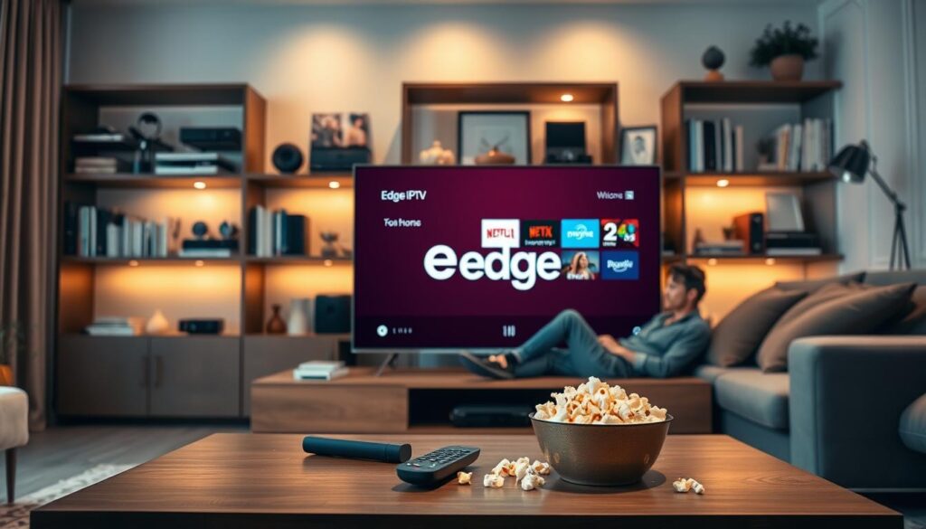 A sleek, modern living room setting showcasing a smart TV displaying the Edge IPTV interface. In the foreground, a stylish coffee table with a remote control and a bowl of popcorn, emphasizing a cozy viewing atmosphere. The middle features a person relaxing on a comfortable couch, dressed in neat casual clothing, focused on the screen. The background highlights shelves filled with various streaming media devices, books, and decorative elements, creating a welcoming vibe. Soft, warm lighting enhances the scene, giving it a homey feel. The overall mood is inviting and engaged, reflecting the reliability and vast content range of Edge IPTV. Include elements like the iptvmaxcanada.com logo subtly integrated into the TV interface. A sleek, modern living room setting showcasing a smart TV displaying the Edge IPTV interface. In the foreground, a stylish coffee table with a remote control and a bowl of popcorn, emphasizing a cozy viewing atmosphere. The middle features a person relaxing on a comfortable couch, dressed in neat casual clothing, focused on the screen. The background highlights shelves filled with various streaming media devices, books, and decorative elements, creating a welcoming vibe. Soft, warm lighting enhances the scene, giving it a homey feel. The overall mood is inviting and engaged, reflecting the reliability and vast content range of Edge IPTV. Include elements like the iptvmaxcanada.com logo subtly integrated into the TV interface.