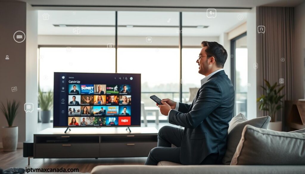 A sleek, modern living room setting showcasing advanced IPTV features. In the foreground, a stylish television displays an Electronic Program Guide (EPG) interface, featuring various show listings and vibrant thumbnails that capture the essence of Catch-Up TV options. The middle layer includes a casual, professional person, dressed in business casual attire, using a remote control to navigate the interface, with an expression of engagement and enjoyment. In the background, large windows offer natural light that brightens the room, enhancing the warm and inviting atmosphere. Subtle digital elements, like icons and streaming symbols, float delicately around the image, suggesting advanced technology in action. The overall mood is tech-savvy and relaxed, perfectly illustrating modern streaming capabilities. Include the brand "iptvmaxcanada.com" subtly integrated into the design, ensuring a polished, professional feel. A sleek, modern living room setting showcasing advanced IPTV features. In the foreground, a stylish television displays an Electronic Program Guide (EPG) interface, featuring various show listings and vibrant thumbnails that capture the essence of Catch-Up TV options. The middle layer includes a casual, professional person, dressed in business casual attire, using a remote control to navigate the interface, with an expression of engagement and enjoyment. In the background, large windows offer natural light that brightens the room, enhancing the warm and inviting atmosphere. Subtle digital elements, like icons and streaming symbols, float delicately around the image, suggesting advanced technology in action. The overall mood is tech-savvy and relaxed, perfectly illustrating modern streaming capabilities. Include the brand "iptvmaxcanada.com" subtly integrated into the design, ensuring a polished, professional feel.