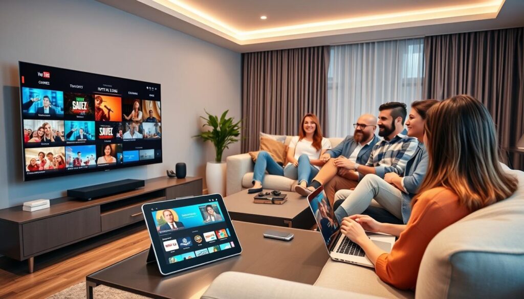 A sleek, modern living room showcasing multiple devices streaming IPTV content seamlessly. In the foreground, a large flat-screen TV displays vibrant streaming content surrounded by a stylish entertainment center. In the middle ground, a tablet and a laptop on a coffee table, both showing different IPTV services, emphasizing cross-device compatibility. The background features a comfortable sofa where a diverse family sits, smiling and engaged, dressed in smart casual attire. Soft, warm lighting floods the room, creating an inviting atmosphere. The image conveys a sense of connectivity and enjoyment in streaming across devices, with a subtle touch of the brand "iptvmaxcanada.com" integrated into the design elements, enhancing the visual without text. The camera angle captures the full scene, focusing on device interactivity and family engagement.
