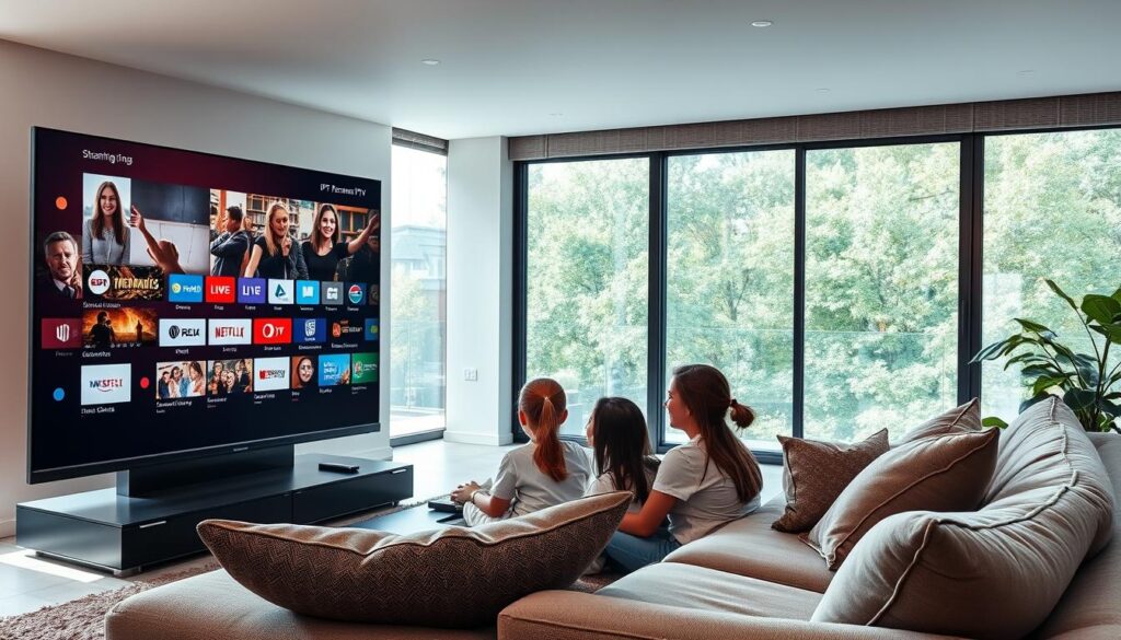 A sleek modern living room showcasing premium IPTV features in Canada. In the foreground, a large flat-screen television displays an engaging interface filled with streaming options, sports, live TV, and international channels, emphasizing a diverse selection. In the middle ground, a comfortable sofa is adorned with stylish cushions, while a family dressed in modest casual clothing enjoys watching together, conveying a sense of warmth and togetherness. The background features large windows with natural light streaming in, illuminating the room's contemporary design. The atmosphere is relaxed and inviting, highlighting the comfort of using IPTV for entertainment at home. Include subtle branding elements like a logo or interface hinting at "iptvmaxcanada.com" integrated discreetly in the scene. Use soft lighting to create a cozy ambiance.