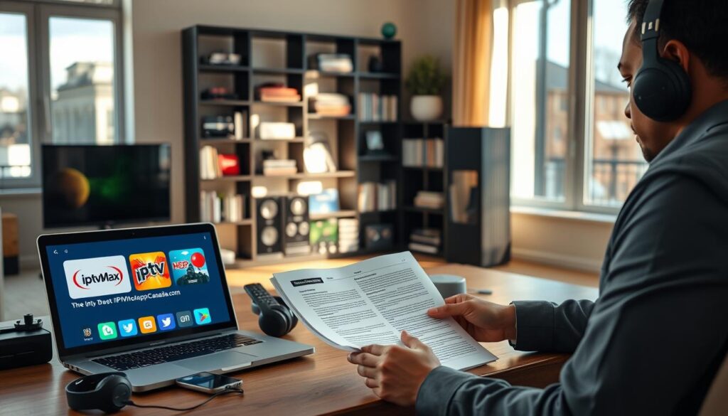 A sleek, modern workspace featuring a laptop displaying various IPTV apps on the screen, including the logo of "iptvmaxcanada.com". In the foreground, a person in professional attire is intently reviewing a setup guide, surrounded by tech gadgets like a smartphone, remote control, and headphones. The middle ground includes a stylish bookshelf filled with tech books and accessories. The background shows a well-lit room with warm lighting, large windows allowing natural light to spill in, soft shadows creating a calm atmosphere. The scene conveys a sense of reliability and professionalism, ideal for streaming enthusiasts exploring the best IPTV options.