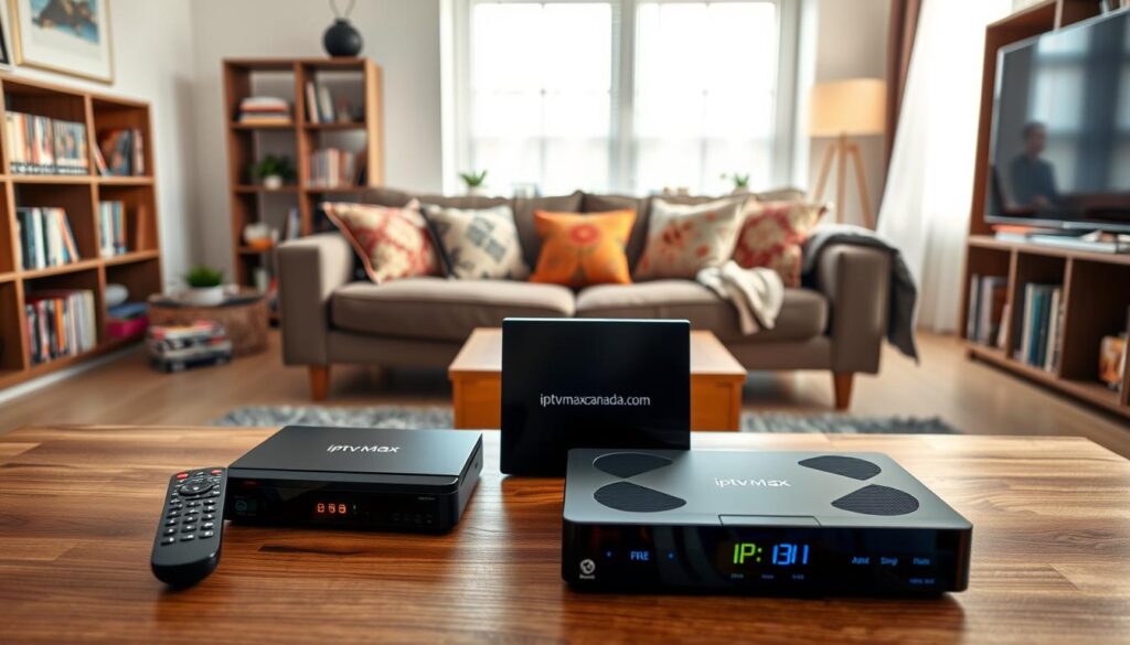 A stylish array of IPTV boxes displayed prominently on a sleek, modern wooden table in a cozy living room setting. The foreground features three top-rated IPTV boxes, including the brand "iptvmaxcanada.com," positioned next to a remote control and a stylish tablet. The middle ground showcases a comfortable sofa, adorned with colorful cushions and a decorative throw. In the background, a softly lit bookshelf holds DVDs and books, while a large window allows natural light to fill the room, creating a warm and inviting atmosphere. The scene is captured with a slightly angled view to emphasize the IPTV boxes and living space, conveying a sense of ease and modern entertainment. The overall mood is relaxed and homey, perfect for an informative guide on IPTV options in Canada. A stylish array of IPTV boxes displayed prominently on a sleek, modern wooden table in a cozy living room setting. The foreground features three top-rated IPTV boxes, including the brand "iptvmaxcanada.com," positioned next to a remote control and a stylish tablet. The middle ground showcases a comfortable sofa, adorned with colorful cushions and a decorative throw. In the background, a softly lit bookshelf holds DVDs and books, while a large window allows natural light to fill the room, creating a warm and inviting atmosphere. The scene is captured with a slightly angled view to emphasize the IPTV boxes and living space, conveying a sense of ease and modern entertainment. The overall mood is relaxed and homey, perfect for an informative guide on IPTV options in Canada.