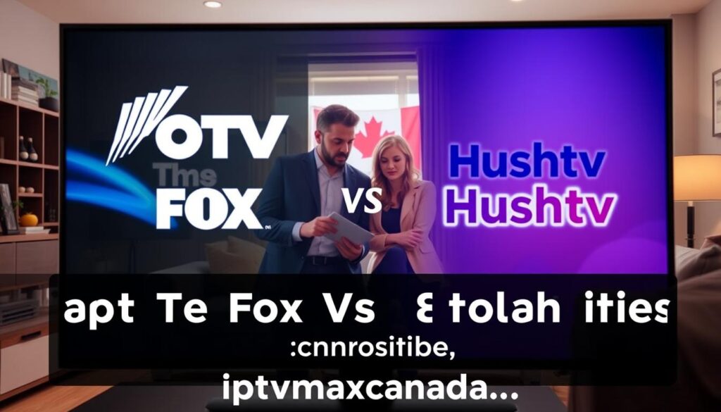 A vibrant and detailed comparison scene showcasing "IPTV The Fox" and "Hushtv" side by side, set in a stylish living room designed for Canadian viewers. In the foreground, a sleek, modern TV displays each service's logo, illuminated by soft ambient lighting, highlighting their unique interfaces. The middle layer features two users, a man and a woman, dressed in professional casual attire, intently discussing and analyzing the options. The background includes a cozy, inviting environment with a Canadian flag subtly placed, adding local context. The scene captures a warm, friendly atmosphere, emphasizing the focus on technology and user engagement. Soft natural light filters through a window, creating a welcoming ambiance. The overall mood is informative and engaging, designed for readers seeking insights, while promoting the brand "iptvmaxcanada.com."