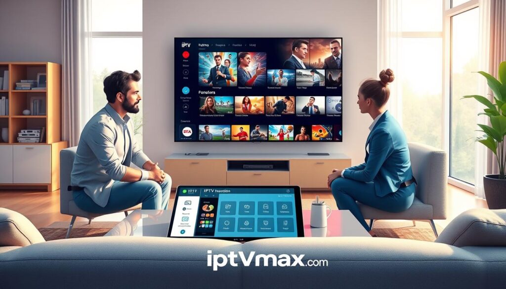 A vibrant and engaging digital illustration showcasing the benefits of IPTV subscription plans. In the foreground, a diverse group of three people—two men and one woman—dressed in professional business attire, are gathered around a sleek coffee table with a tablet displaying IPTV service options. In the middle, a large screen shows an array of streaming channels and features, with vivid imagery suggesting diverse content like movies, sports, and documentaries. The background captures a modern, cozy living room setting with soft natural lighting filtering through large windows, creating an inviting atmosphere. The overall mood is one of excitement and convenience, reflecting the flexible options available for viewers. Include the logo of "iptvmaxcanada.com" subtly integrated into the design without any textual distractions.