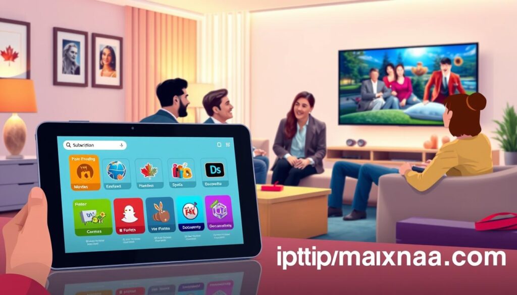 A vibrant and engaging illustration showcasing flexible subscription plans for IPTV services in Brampton, Canada. In the foreground, display a stylized digital tablet featuring a user-friendly interface, showcasing various IPTV package options, with colorful icons representing different genres such as movies, sports, and documentaries. In the middle ground, depict a diverse group of Canadian viewers, dressed in professional business attire, happily discussing their viewing preferences while sitting in a cozy living room setting. The background should feature a warmly lit, modern home with streaming devices and a big screen displaying vibrant IPTV content. Use soft, inviting lighting to create a welcoming atmosphere, with a warm color palette that reflects Canadian culture. Ensure to incorporate the brand name "iptvmaxcanada.com" subtly into the design elements, without text overlays. A vibrant and engaging illustration showcasing flexible subscription plans for IPTV services in Brampton, Canada. In the foreground, display a stylized digital tablet featuring a user-friendly interface, showcasing various IPTV package options, with colorful icons representing different genres such as movies, sports, and documentaries. In the middle ground, depict a diverse group of Canadian viewers, dressed in professional business attire, happily discussing their viewing preferences while sitting in a cozy living room setting. The background should feature a warmly lit, modern home with streaming devices and a big screen displaying vibrant IPTV content. Use soft, inviting lighting to create a welcoming atmosphere, with a warm color palette that reflects Canadian culture. Ensure to incorporate the brand name "iptvmaxcanada.com" subtly into the design elements, without text overlays.