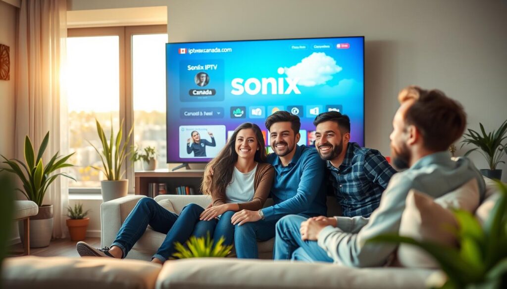 A vibrant and engaging scene showcasing a diverse group of Canadians in a modern home environment, reflecting their positive experience with Sonix IPTV. In the foreground, three people—a young couple and a friend—are seated together on a comfortable couch, smiling as they watch TV on a large screen displaying the Sonix IPTV interface. They're dressed in smart casual clothing, conveying a relaxed yet professional vibe. The middle ground features a stylish living room with contemporary decor, including indoor plants and warm lighting enhancing the inviting atmosphere. In the background, a window shows a sunny day in Canada, symbolizing a bright future for streaming. Capture this moment with a warm color palette and soft focus to create a welcoming and friendly mood. Include subtle branding elements like "iptvmaxcanada.com" in the ambiance without distracting from the main scene. A vibrant and engaging scene showcasing a diverse group of Canadians in a modern home environment, reflecting their positive experience with Sonix IPTV. In the foreground, three people—a young couple and a friend—are seated together on a comfortable couch, smiling as they watch TV on a large screen displaying the Sonix IPTV interface. They're dressed in smart casual clothing, conveying a relaxed yet professional vibe. The middle ground features a stylish living room with contemporary decor, including indoor plants and warm lighting enhancing the inviting atmosphere. In the background, a window shows a sunny day in Canada, symbolizing a bright future for streaming. Capture this moment with a warm color palette and soft focus to create a welcoming and friendly mood. Include subtle branding elements like "iptvmaxcanada.com" in the ambiance without distracting from the main scene.