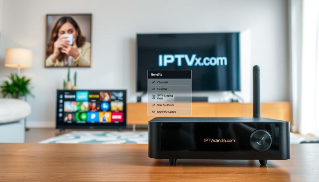 A vibrant and informative comparison between IPTV services and traditional cable TV in Brampton. In the foreground, a sleek digital device showcasing the IPTV interface, with vivid channel options displayed, symbolizing innovation. The middle ground features a side-by-side comparison chart, highlighting key benefits of IPTV over cable, such as flexibility and variety. In the background, a modern living room setting, well-lit and inviting, with a large flat-screen TV displaying IPTVmaxcanada.com, emphasizing the user-friendly experience. The atmosphere is bright and engaging, promoting a sense of excitement around the future of television. Use soft, natural lighting to enhance the inviting mood and create a clear focus on the comparison elements.