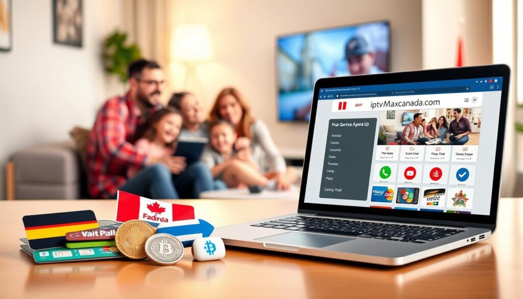 A vibrant and informative illustration showcasing various payment methods for IPTV services in Canada, including credit cards, PayPal, and cryptocurrency icons, beautifully arranged on a sleek, modern table. In the foreground, a laptop displaying the website "iptvmaxcanada.com" with a visible free trial offer highlighted. The middle ground features a cheerful family engaging with a smart TV, enjoying a streaming service in their cozy living room, conveying satisfaction and enjoyment. In the background, soft lighting enhances the warm atmosphere, while a subtle hint of a Canadian flag is visible, symbolizing the service's local relevance. The scene is bright, inviting, and designed to evoke a sense of ease and enjoyment with IPTV services.