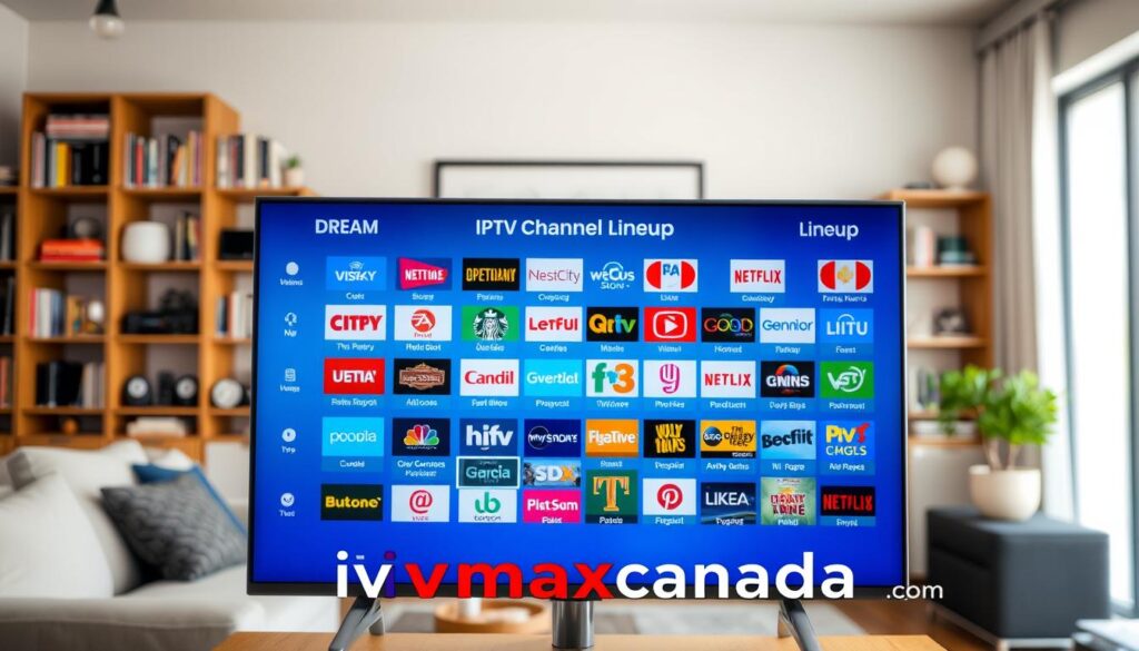 A vibrant and modern digital display showcasing the IPTV Dream Channel Lineup. In the foreground, a sleek flat-screen television screen displays a visually appealing grid of colorful channel logos and program listings. The middle ground features a cozy living room setting with a stylish sofa and decorative items, emphasizing a comfortable viewing experience. The background is softly blurred, featuring shelves filled with books and entertainment devices, creating a warm atmosphere. The lighting is soft yet bright, mimicking natural light filtering through a window, enhancing the inviting feel of the scene. The focus is on the quality and variety of content available, representing streaming needs in Canada clearly and professionally. Include the brand "iptvmaxcanada.com" subtly integrated into the scene, reinforcing the connection to the IPTV service. A vibrant and modern digital display showcasing the IPTV Dream Channel Lineup. In the foreground, a sleek flat-screen television screen displays a visually appealing grid of colorful channel logos and program listings. The middle ground features a cozy living room setting with a stylish sofa and decorative items, emphasizing a comfortable viewing experience. The background is softly blurred, featuring shelves filled with books and entertainment devices, creating a warm atmosphere. The lighting is soft yet bright, mimicking natural light filtering through a window, enhancing the inviting feel of the scene. The focus is on the quality and variety of content available, representing streaming needs in Canada clearly and professionally. Include the brand "iptvmaxcanada.com" subtly integrated into the scene, reinforcing the connection to the IPTV service.